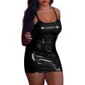 Women Solid Leather Wetlook Night Club Bodycon Party Short Mini Dress.