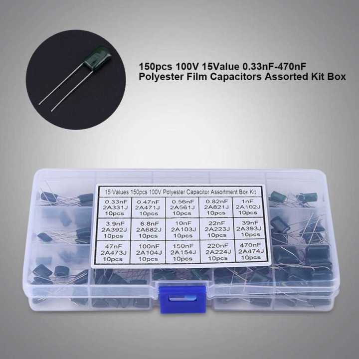 150pcs%20100V%2015%20Value%200.33nF-470nF%20Polyester%20Film%20Capacitors%20Assortment%20Kit%20Box.%20-%20Image%203