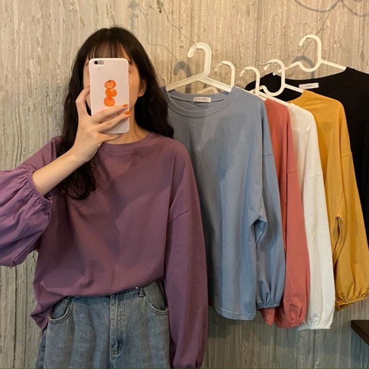 2023%20New%20Autumn%20Korean%20Style%20Loose%20ins%20Preppy%20Style%20Lantern%20Sleeve%20Thin%20Long%20Sleeve%20T%20T-shirt%20Women's%20Student%20Shirt%20Fashion%20-%20Image%203