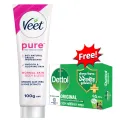 Veet 100gm Normal + FREE Dettol Original Soap 75g, Aloe Vera & Rose Extract Hair Removal Cream.