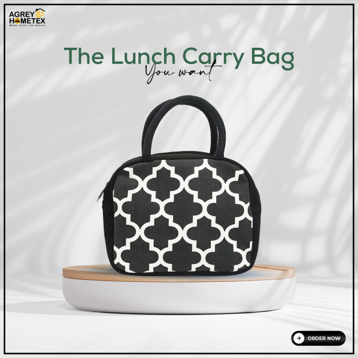 Lunch Carry Bag, Cotton Fabric, Black & White, (9.5″x7.5″x5″)