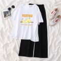 Single Piece / Suit T T-shirt Women's Summer Korean Style ins Cartoon Small Printed Loose Wide-Leg Pants Short-Sleeved Shirt Fashion.