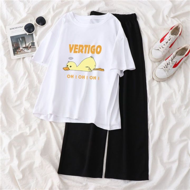 Single Piece / Suit T T-shirt Women's Summer Korean Style ins Cartoon Small Printed Loose Wide-Leg Pants Short-Sleeved Shirt Fashion