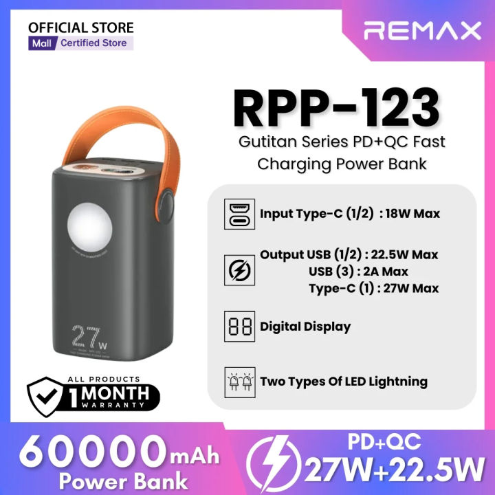 REMAX 2025 RPP-123 High Capacity 60000mAh 27W+22.5W Fast Charging Portable Outdoor Charger Mobile Battery Power Bank with LED Light