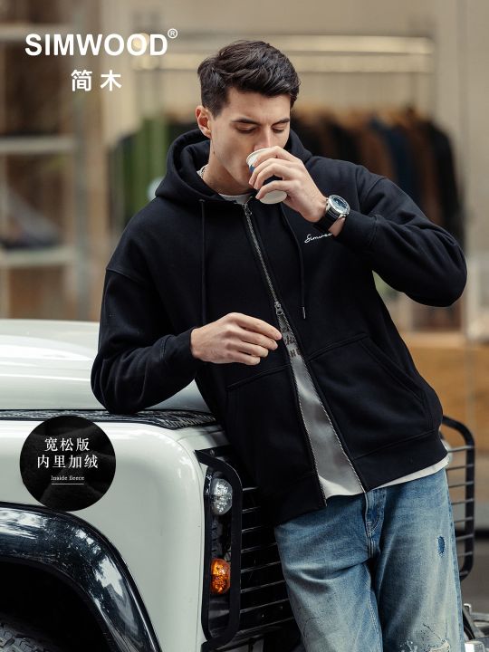 SIMWOOD 2023 Spring New Oversize 450g Pique Fabric Warm Fleece Liner Zip-up Hoodies Men Plus Size Jackets