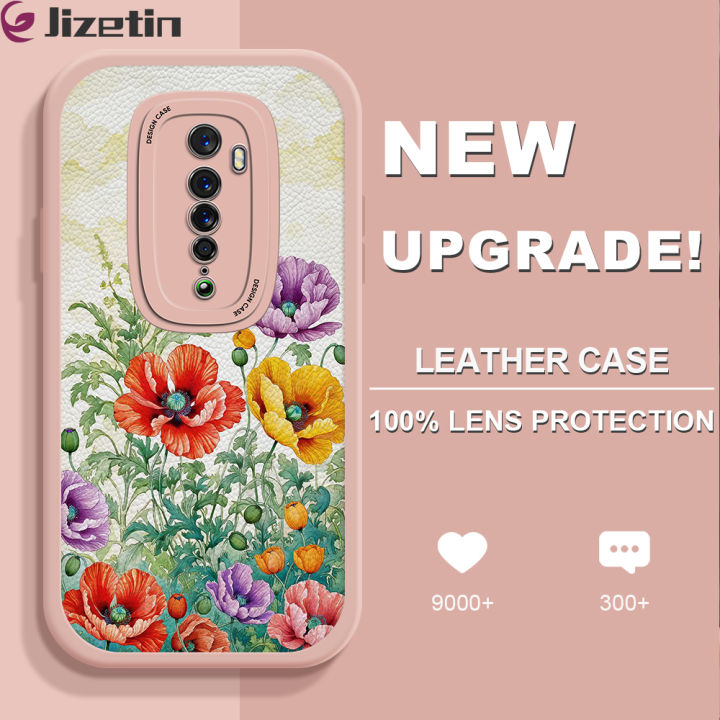 Jizetin for OPPO Reno2 Back Cover Colorful Flowers Lambskin Texture PU Leather Back For Girls Boys Soft Phone Case