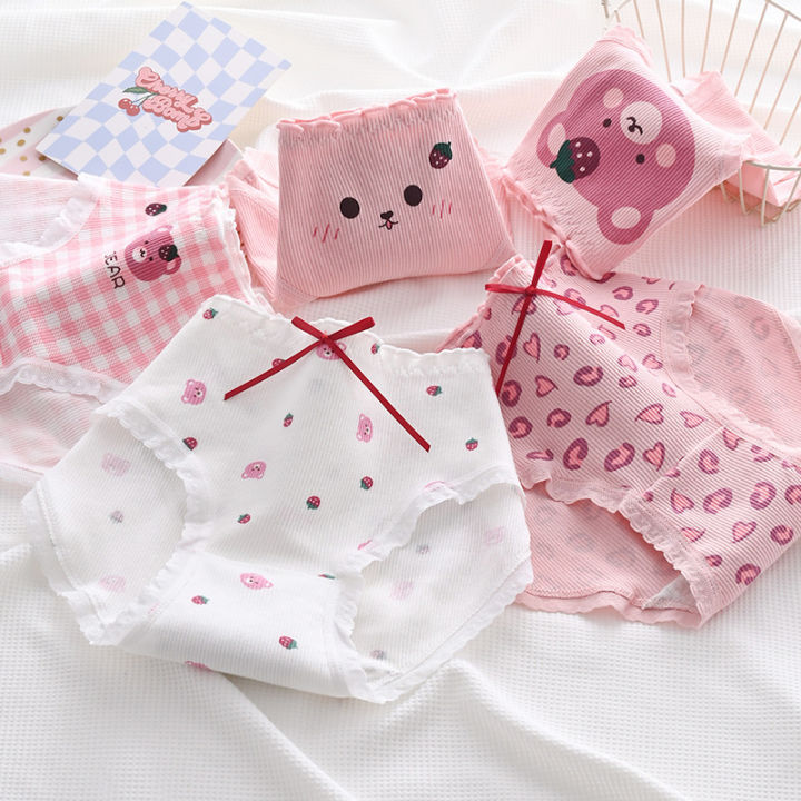 Pink floral mid rise breathable panties cute sweet girls student triangle shorts