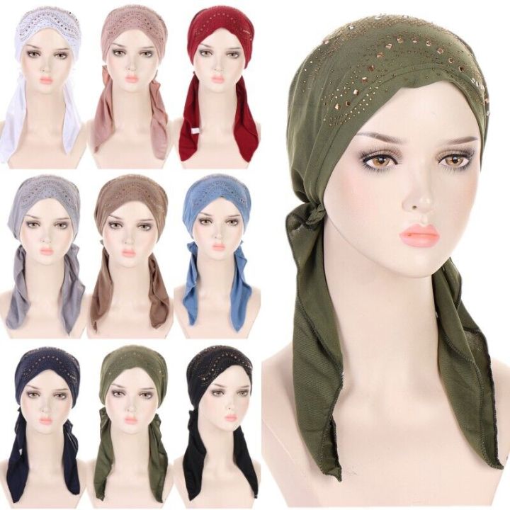 Fashion Ready To Wear Plain Hijab Inner Caps for Women Muslim Rhinestones Hair Loss Beanies Instant Scarves Headwraps Bonnets