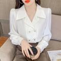 119 Red Shirt Women's Spring Clothes 2022 New Elegant Double Breasted Puff Sleeve Business Shirt Retro Hong Kong Style Top. 