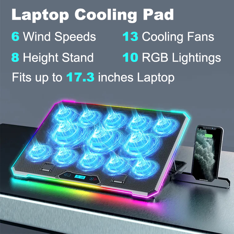 Laptop Cooling Pad, 13 Fans 6 Gear Laptop Cooler, 8 Height Adjustable Laptop Stand, RGB Gaming Cooling Pad for 11-17.3 inches Laptop