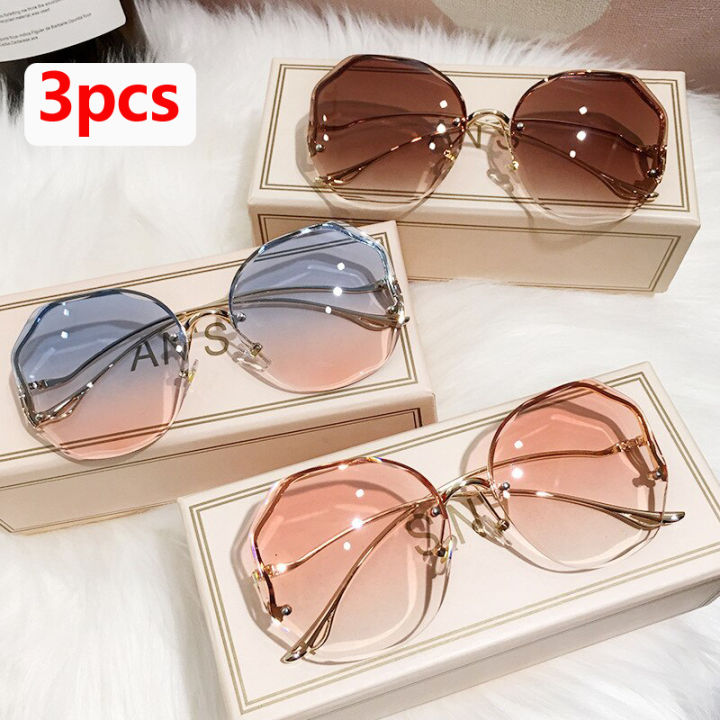 3pcs set Rimless Sunglasses Women Metal Female Vintage Ladies Stylish Design Oversized Square Sun Glasses UV400 Daraz .bd