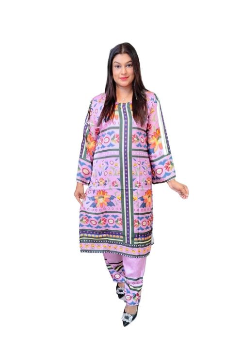 Floral Fusion Stitched Lawn 2-Piece Suit Set for Women