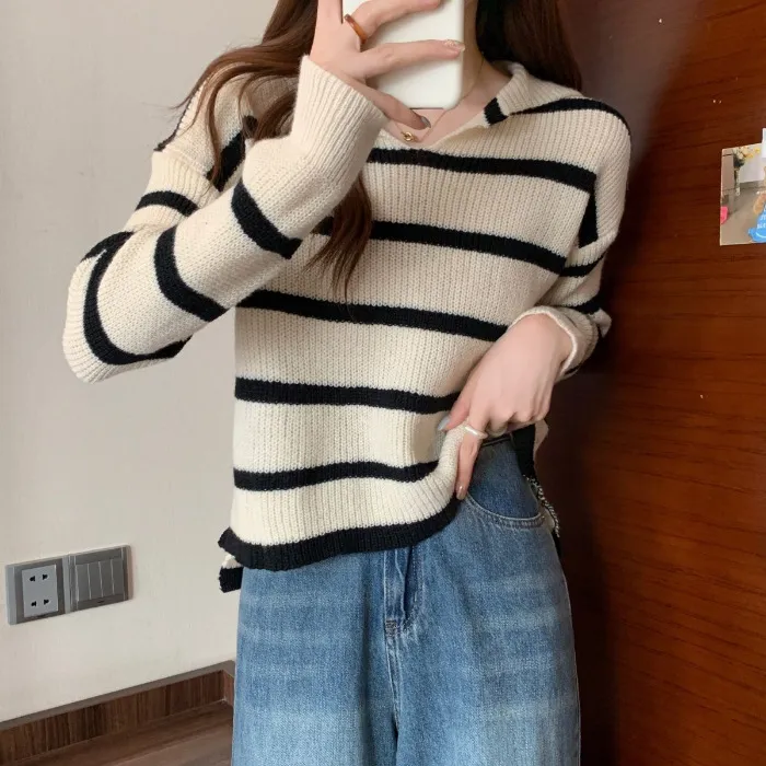 Spring%20and%20Autumn%20New%20Casual%20All-Match%20Sweater%20Women's%20Retro%20Short%20Striped%20Sweater%20polo%20Collar%20Outer%20Wear%20Long-Sleeved%20Sweater%20-%20Image%207