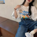 IELGY Korean style white cartoon print short sleeve t-shirt women loose. 