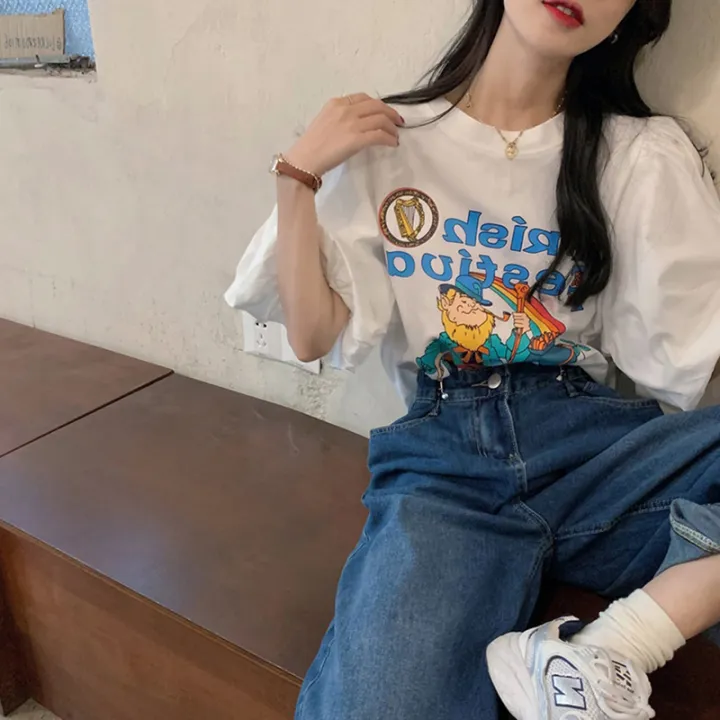 IELGY%20Korean%20style%20white%20cartoon%20print%20short%20sleeve%20t-shirt%20women%20loose%20-%20Image%204