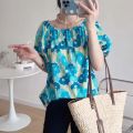 Large Flower Floral-Print off-Shoulder Top Women's Summer Korean Style Fashion Shirt Casual Shirt New Girl Sweet and Spicy.