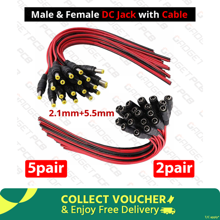 DC Power Pigtail Cable Plug 18AWG 2.1mm x 5.5mm 12V 5A DC Jack Male & Female Connector with Cable