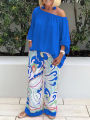 grace sexy One shoulder Loose Long Sleeved T Shirt Set Women's Spring Autumn Leisure Printed Wide Leg Trousers + Shirt Two Piece.