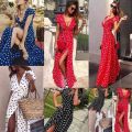 Summer Ladies Long Split Dress Polka dot Beach Dress Maxi Dress Women Evening Party Dress Floor-length Beach Hobo Sundress. 