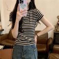 M61 Summer Clothing 2023 New French Style Sweet and Spicy Style Inner Bottoming Shirt Shoulder T Women's Striped T-shirt Shory Style Shirt.