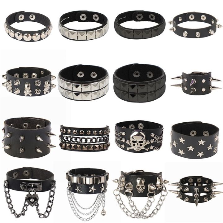 2022 Skull Star Heart Punk Gothic Rock Three Row Metal Stud Spikes Rivet Pu Leather Wristband Bangle Wide Cuff Bracelet Sarcasmsm