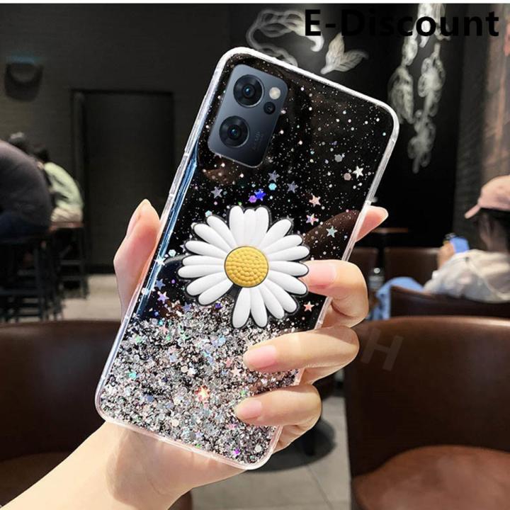 For OPPO Reno 7 Transparent Bling Glitter Cases Soft Clear Shining Sequin Case with Daisy Flowers Folding OPPO Reno7 Back Cover