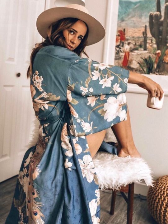 Boho%20Queens%20Women%20Floral%20Print%20Sashes%20Bohemian%20Robe%20Ladies%20V%20Neck%20Batwing%20Sleeves%20Happie%20Maxi%20Kimono%20Cover-ups%20-%20Image%207