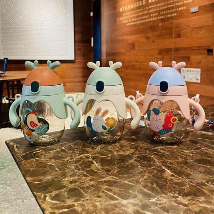 350ml Kids Straw Bottle with Gravity Ball Double Handle Drink Leaning Feeding Bottle Sippy Cup Cartoon Printed Water Bottle