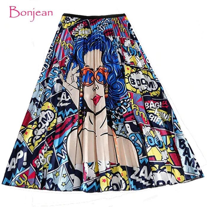Winter Women's Pleated skirt New Cartoon Print High Waist Long Skirts Women Young Girl Summer Large Size Japan Female Falda