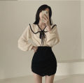 【Exclusive Limited Edition】 Spring and Summer 2023 New Doll Collar Lace-up Lantern Sleeve Shirt Women's Inner and Outer Wear Solid Color Shirt. 