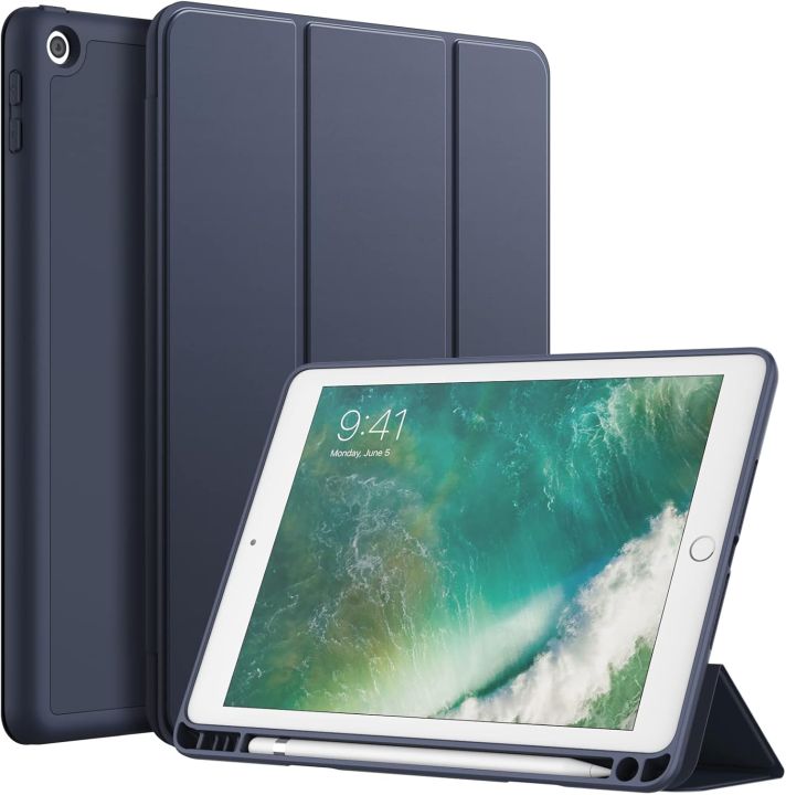 Case for iPad (6th/5th Generation, 2018/2017) with Pencil Holder,  Slim Tablet Cover with Soft TPU Back, Auto Wake/Sleep (Black-Blue) A1823 