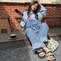 Shirt Stitching Denim Jumpsuit Women's High Waist Loose Drooping Mop Trousers Niche Fried Street Wide Leg Straight Pants. 