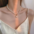 Korean Elegant Jewelry Pearl Necklace Ladies Rhinestone Shell Heart Pendant. 