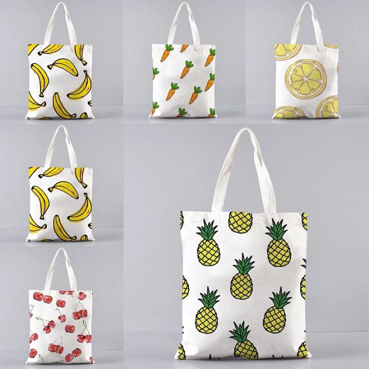 Korean Fashion Design Canvas Tote Bag for Women Cartoon Fruits Series Big Handbag Shopper Men Foldable Side Bags 2023 New in