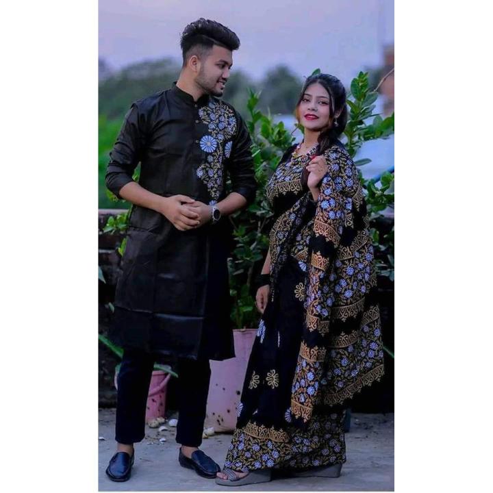 Stylish & Fashionable New Matching Best/Coupple Dress/For Men & Women / Saree & Panjabi/ (Combo Set)) - Panjabi