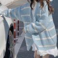 Korean Style Versatile Striped Cardigan Sweater Coat for Female Students Autumn and Winter New Lazy Style Cardigan Long Sleeve Knitted Top.