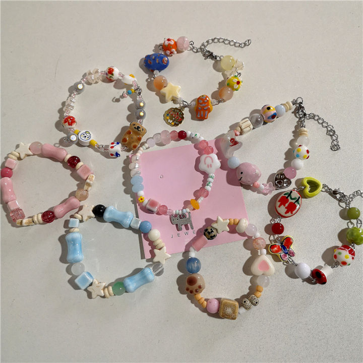 Kpop Harajuku Aesthetic Butterfly Love Star Ceramic Glass Acrylic Beaded Bracelet Girl 2000s EMO Charm Jewelry Y2K Accessories
