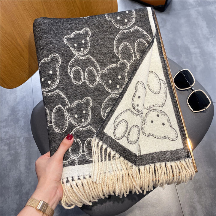 Korean autumn and winter new cartoon imitation cashmere scarf, small fresh bear, cute shawl, warm and versatile scarf