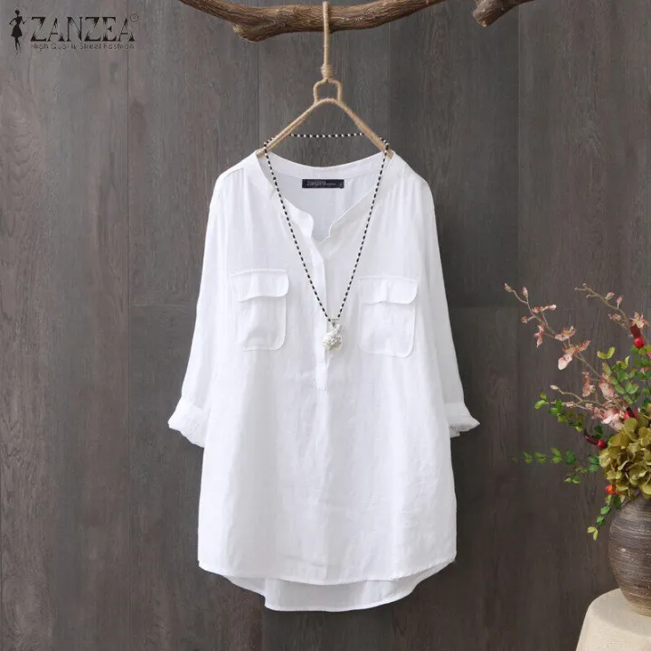 women's%20%20summer%20buttons%20v-neck%20casual%20long%20shirt%20tunic%20tops%20asymmetrical%20hem%20blouse%20-%20Image%202