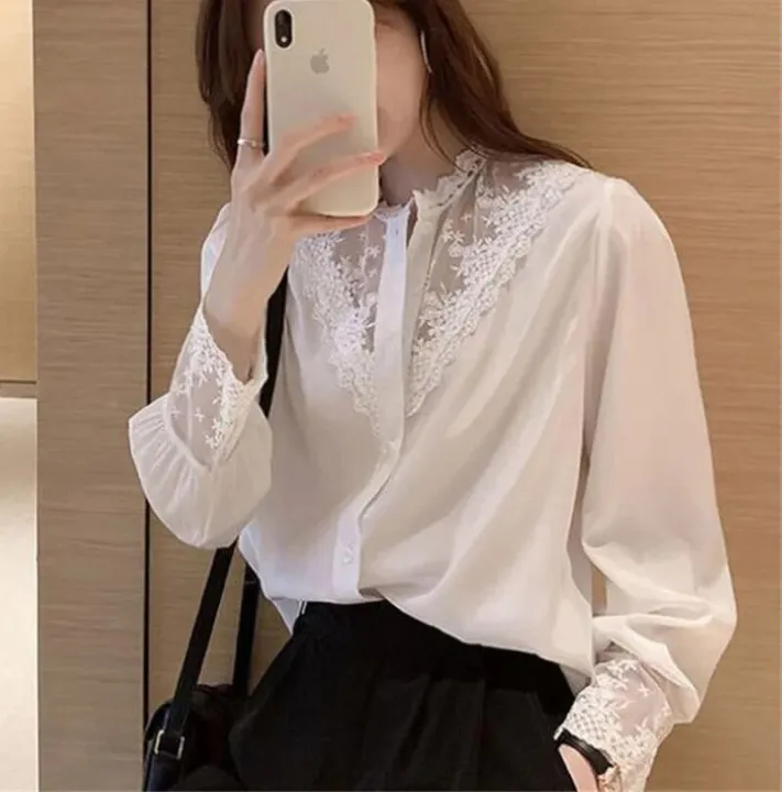 PLAZSON%20Summer%20Women%20Blouse%20Lace%20Patchwork%20Chiffon%20White%20Shirt%20Long%20Sleeve%20Button%20Elegant%20Office%20Lady%20Tops%20Korean%20Style%20Clothes%20-%20Image%202