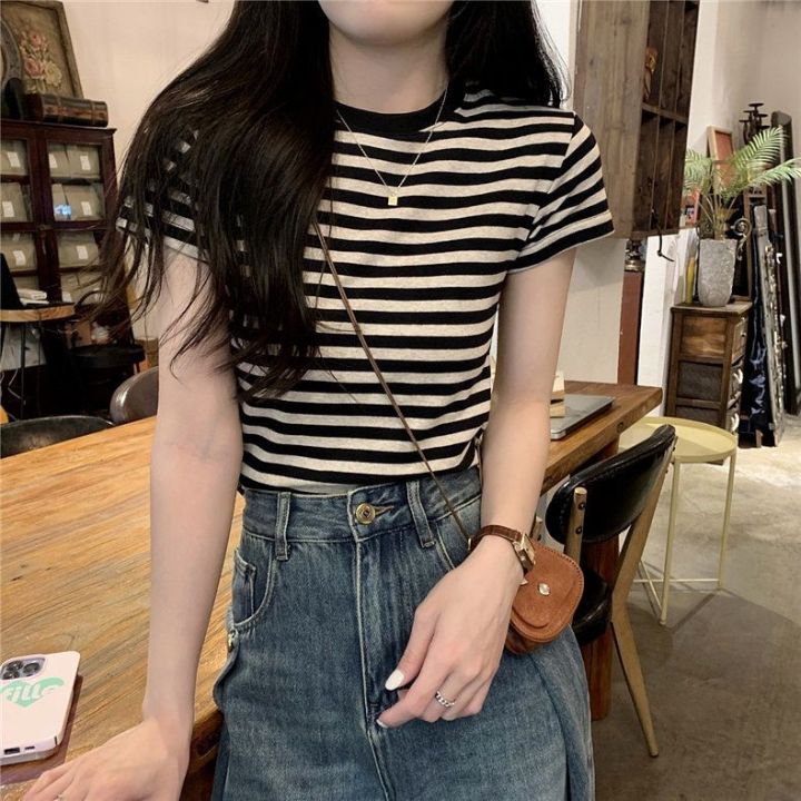 M61 Summer Clothing 2023 New French Style Sweet and Spicy Style Inner Bottoming Shirt Shoulder T Women's Striped T-shirt Shory Style Shirt
