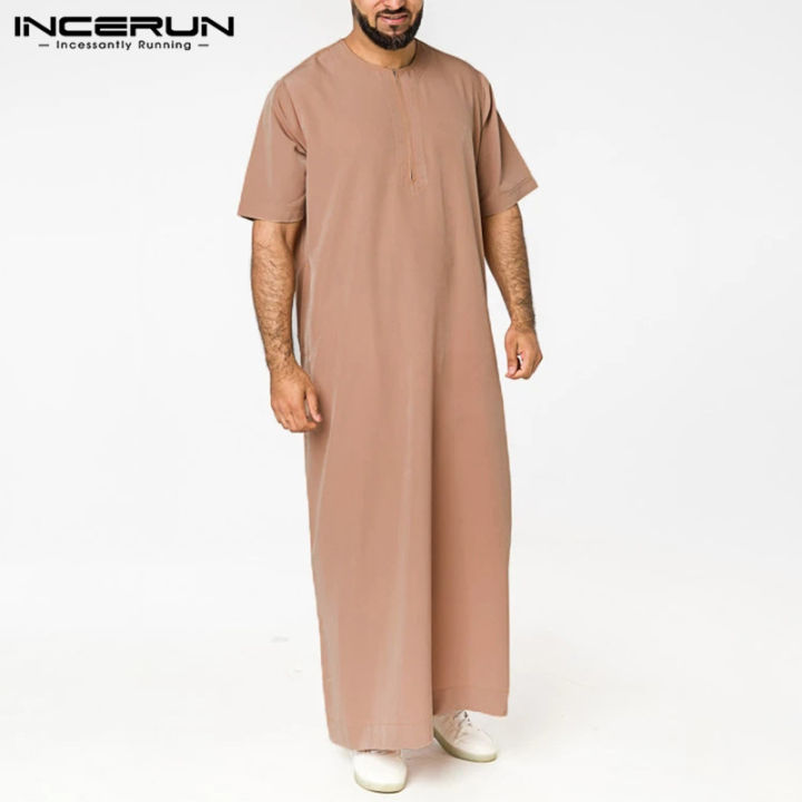 INCERUN Mens Muslim Clothing Thobe Saudi Arab Short Sleeve Islamic Jubba Kaftan Tunic