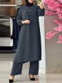 Muslim Matching Sets Fashion Casual Suit Islamic Clothing Full Sleeve Blouse Loose Solid Color Abaya Hijab Pant.