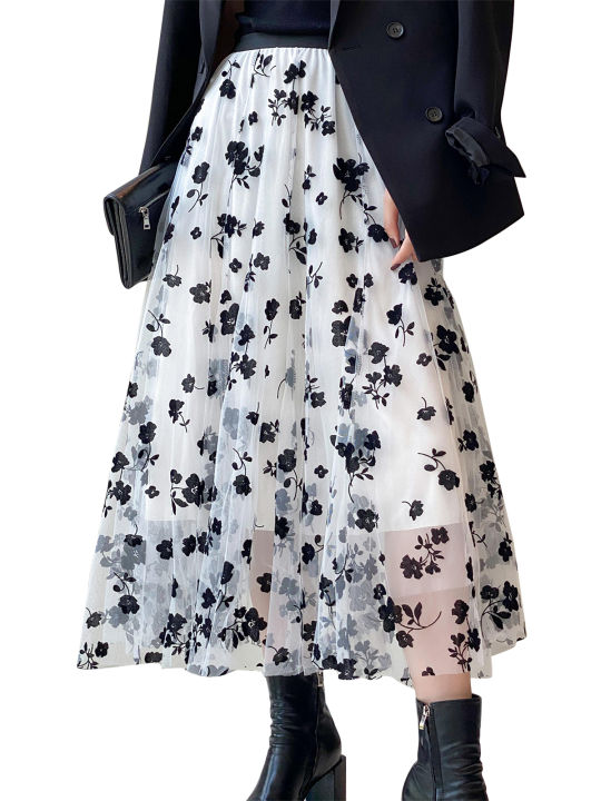 2021%20Women%20Tutu%20Tulle%20Skirts,%20Elastic%20High%20Waist%20Floral%20Print%20Mesh%20Overlay%20Layered%20A%20Line%20Midi%20Skirt%20-%20Image%205