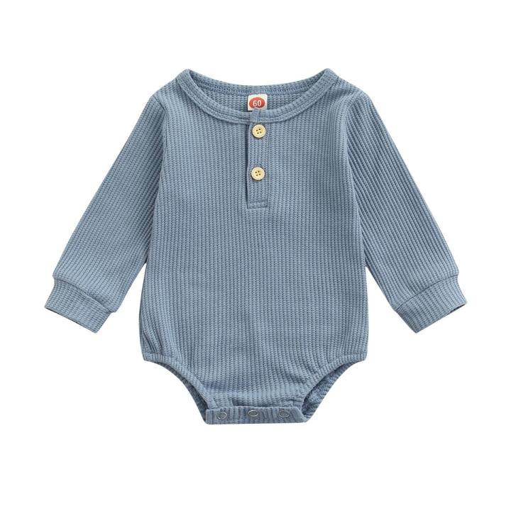 Baby’s Casual Long Sleeve Romper Fashion Solid Color Button Round Neck Triangle Jumpsuits