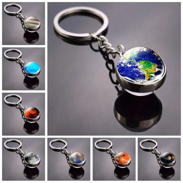 Luminous Solar System Planet Key chain Pendant Key Ring Earth Moon Saturn Double Side Glass Ball Key Chain glow in the dark