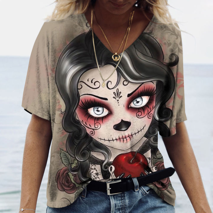 Women T shirt skull face vintage tops V neck casual cotton short sleeve pullovers summer female Harajuku punk streetwear tops