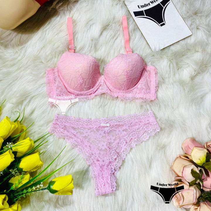 Soft Pink Push-Up Padded Bra & Panty Set for Women - Soft Comfortable Lingerie