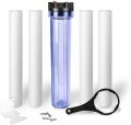 Whole house water filter purifier system, transparent 20 "housing with pressure relief buttons, 5 micron sediment water filter cartridge with 1/2" inlet outlet and 3 replacement filters (complete set.).