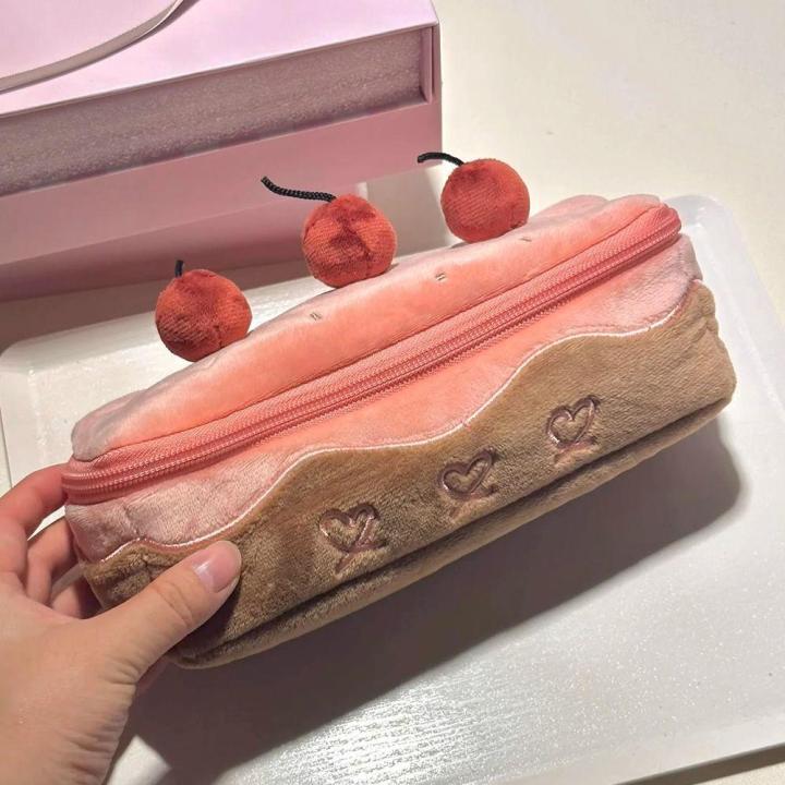 Exquisite Cherry Cake Pen Bag Themed Design Cute Large Capacity Pencil Pouch Plush Pen Bag for Student Supplies School Essentials Gift Item Storage Art Supplies Carrier